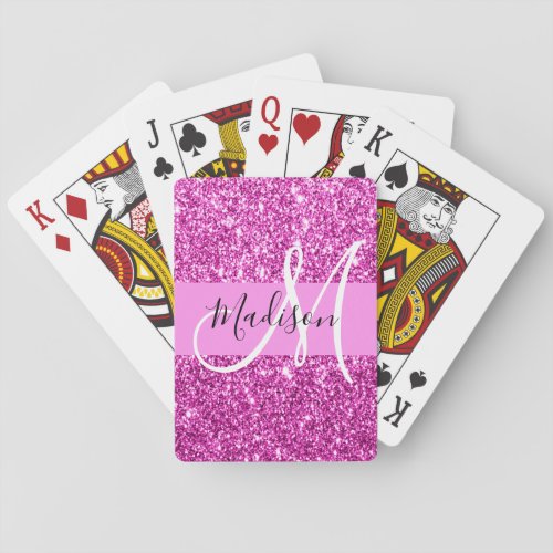 Glam Pink  Magenta Glitter Sparkle Monogram Name Playing Cards