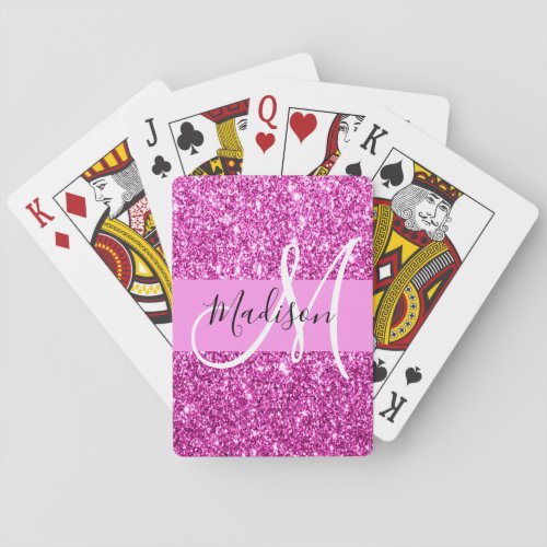 Glam Pink  Magenta Glitter Sparkle Monogram Name Poker Cards