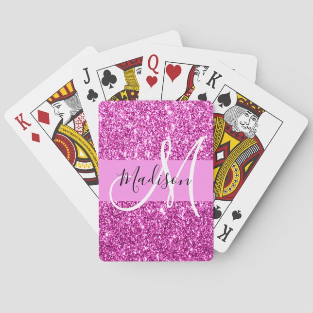 Glam Pink & Magenta Glitter Sparkle Monogram Name Poker Cards (Back)