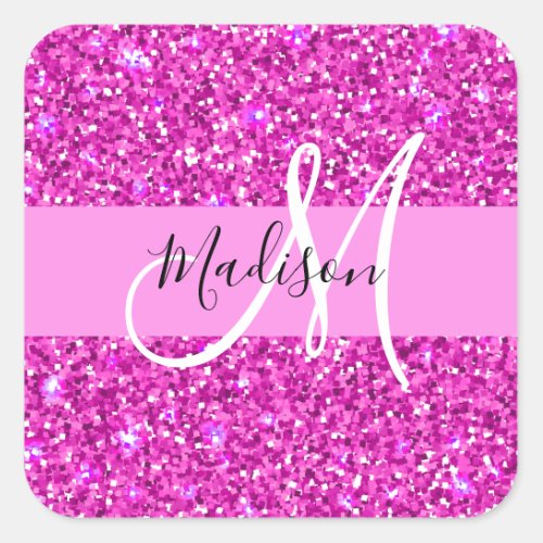 Glam Pink  Magenta Glitter Sparkle Monogram Name Square Sticker