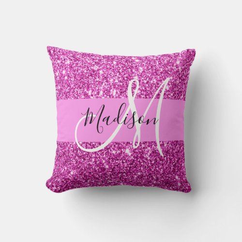 Glam Pink  Magenta Glitter Sparkle Monogram Name Throw Pillow