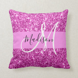 Glam Pink & Magenta Glitter Sparkle Monogram Name Throw Pillow