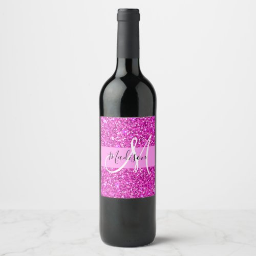Glam Pink  Magenta Glitter Sparkle Monogram Name Wine Label