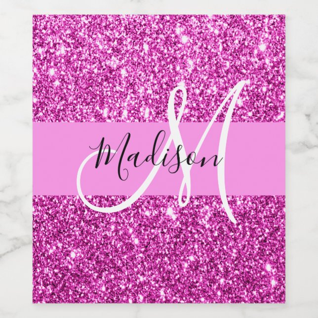 Glam Pink & Magenta Glitter Sparkle Monogram Name Wine Label (Single Label)