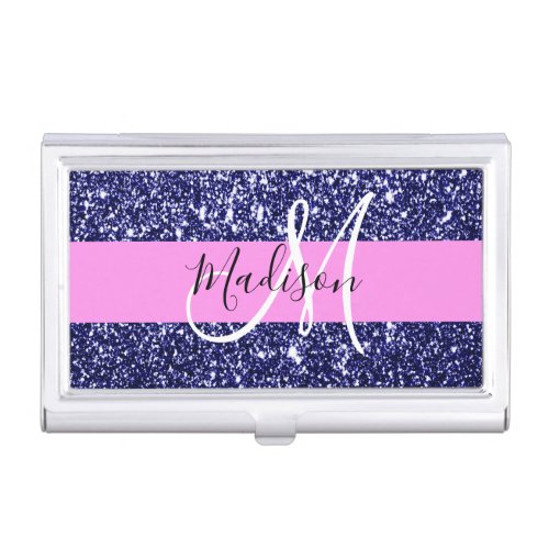 Glam Pink Navy Blue Glitter Sparkles Name Monogram Business Card Case