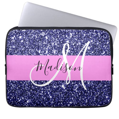 Glam Pink Navy Blue Glitter Sparkles Name Monogram Laptop Sleeve