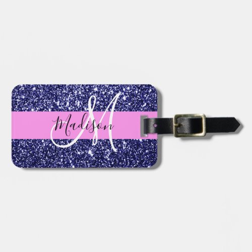 Glam Pink Navy Blue Glitter Sparkles Name Monogram Luggage Tag