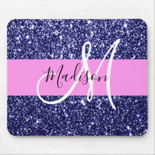 Glam Pink Navy Blue Glitter Sparkles Name Monogram Mouse Pad
