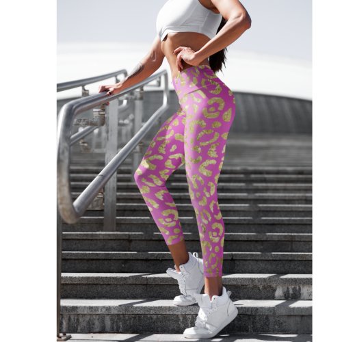 Glam Pink Ombre and Gold Leopard Spots Patterned Leggings