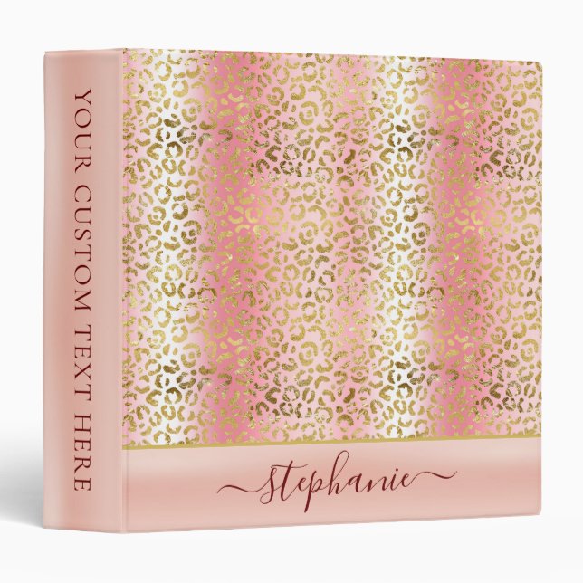 Glam Pink Ombre Gold Leopard Pattern Personalized 3 Ring Binder (Front/Spine)