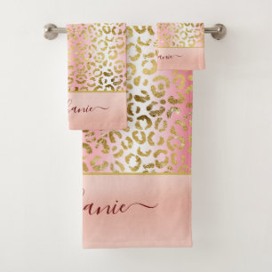 Glam Pink Ombre Gold Leopard Pattern Personalized Bath Towel Set