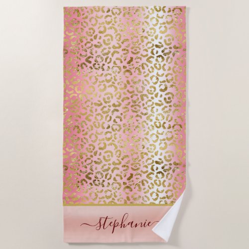 Glam Pink Ombre Gold Leopard Pattern Personalized Beach Towel