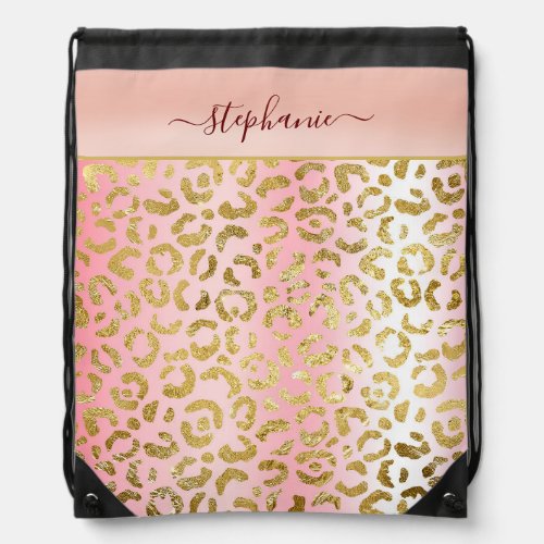 Glam Pink Ombre Gold Leopard Pattern Personalized Drawstring Bag