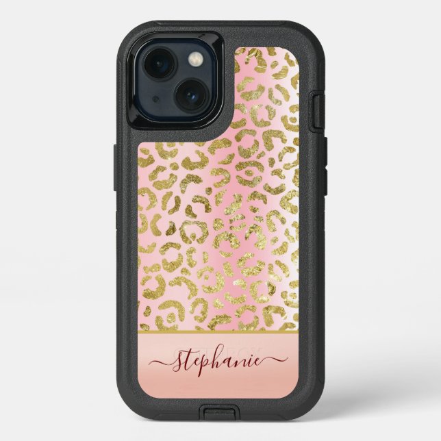 Glam Pink Ombre Gold Leopard Pattern Personalized Otterbox iPhone Case (Back)