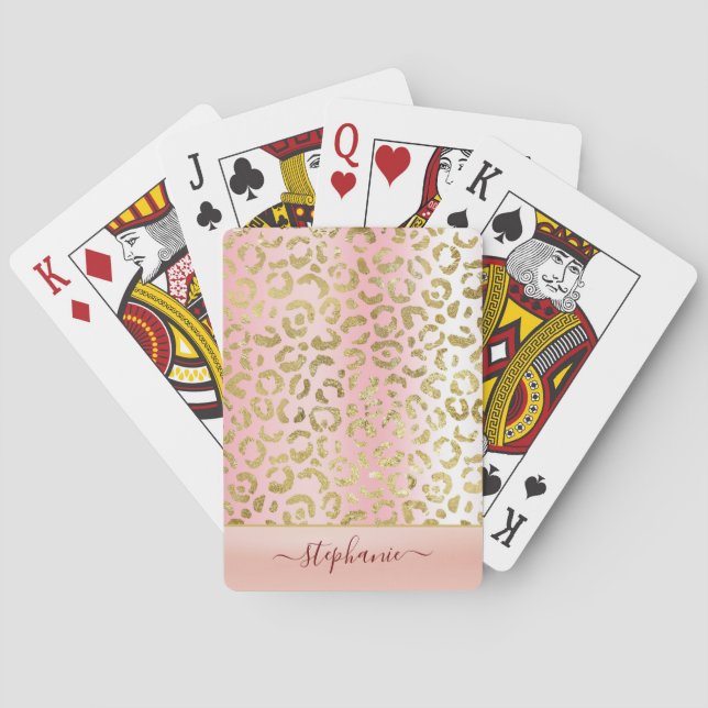 Glam Pink Ombre Gold Leopard Pattern Personalized Poker Cards (Back)