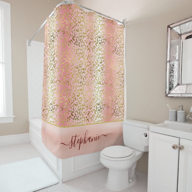 Glam Pink Ombre Gold Leopard Pattern Personalized Shower Curtain (In Situ)
