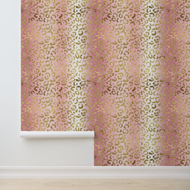 Glam Pink Ombre Gold Leopard Pattern Wallpaper (Application)