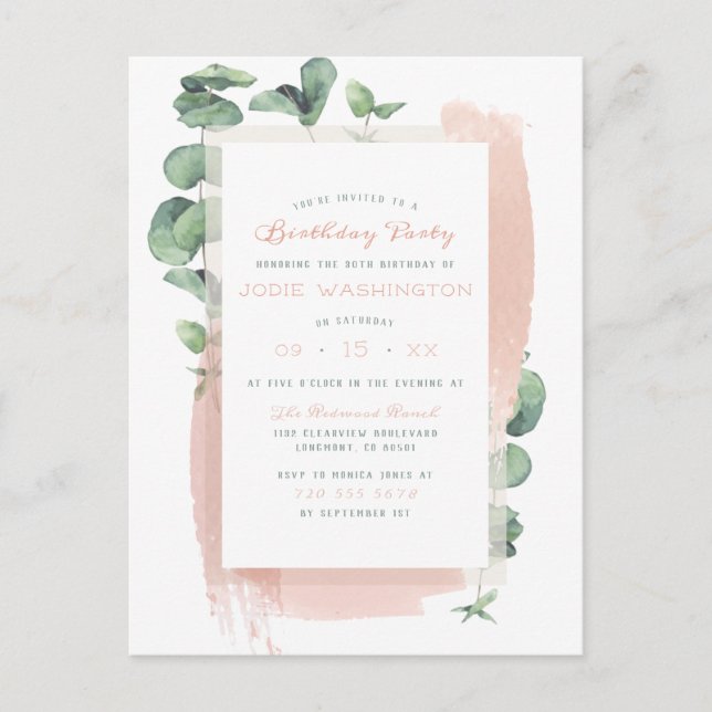 Glam Pink Painted Brush Special Birthday Party Invitation Postcard (Front)