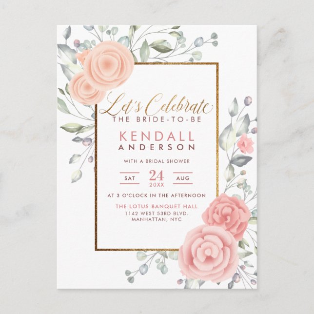Glam Pink Painted Flowers Spring Bridal Shower Invitation Postcard (Front)