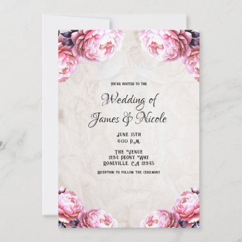 Glam Pink Peony Flowers Vintage Rustic Wedding  Invitation
