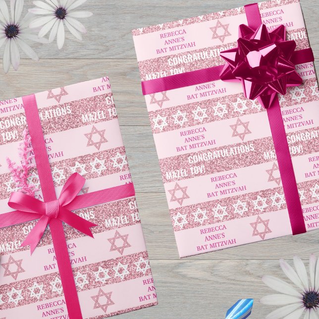 Glam Pink Personalized Jewish Girl Bat Mitzvah Wrapping Paper (This pink faux glitter wrapping paper is easy to personalize for the Bat Mitzvah girl)