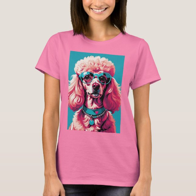 Glam Pink Poodle In Teal Sunglasses & Heart Callor T-Shirt (Front)