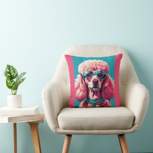 Glam Pink Poodle In Teal Sunglasses & Heart Callor Throw Pillow