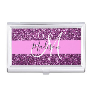 Glam Pink & Purple Glitter Sparkles Monogram Name Business Card Case