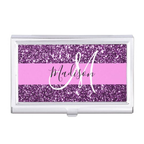 Glam Pink  Purple Glitter Sparkles Monogram Name Business Card Case