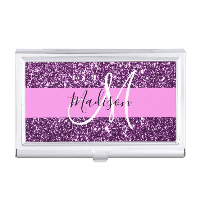 Glam Pink & Purple Glitter Sparkles Monogram Name Business Card Case (Front)