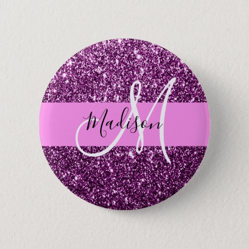 Glam Pink  Purple Glitter Sparkles Monogram Name Button