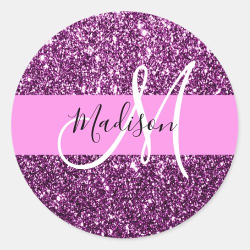 Glam Pink  Purple Glitter Sparkles Monogram Name Classic Round Sticker