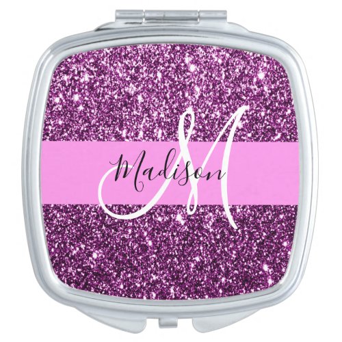 Glam Pink  Purple Glitter Sparkles Monogram Name Compact Mirror