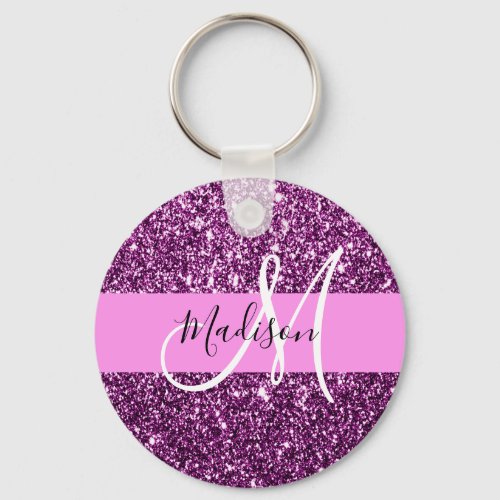 Glam Pink  Purple Glitter Sparkles Monogram Name Keychain