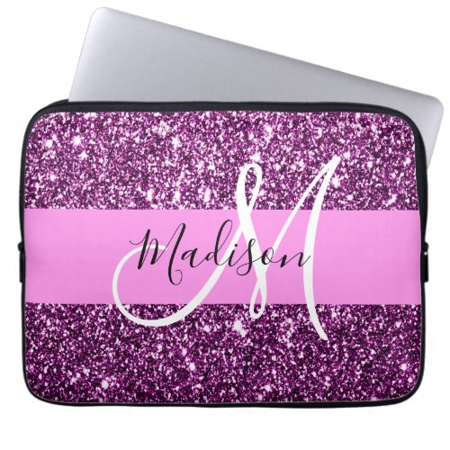 Glam Pink  Purple Glitter Sparkles Monogram Name Laptop Sleeve