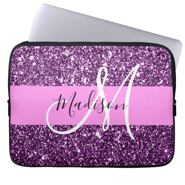 Glam Pink & Purple Glitter Sparkles Monogram Name Laptop Sleeve (Front)