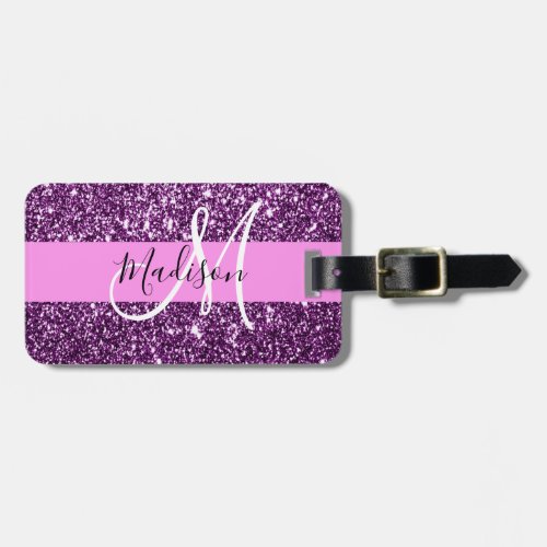 Glam Pink  Purple Glitter Sparkles Monogram Name Luggage Tag