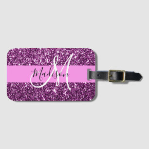 Glam Pink & Purple Glitter Sparkles Monogram Name Luggage Tag