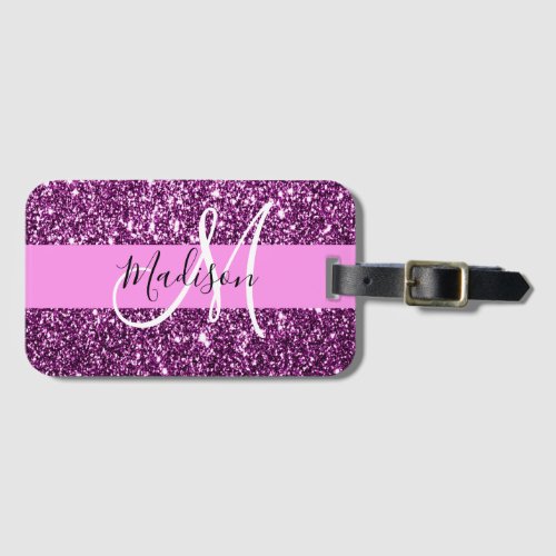 Glam Pink  Purple Glitter Sparkles Monogram Name Luggage Tag