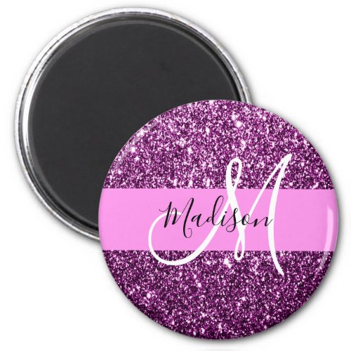 Glam Pink  Purple Glitter Sparkles Monogram Name Magnet