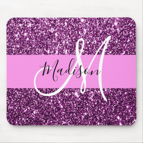 Glam Pink  Purple Glitter Sparkles Monogram Name Mouse Pad