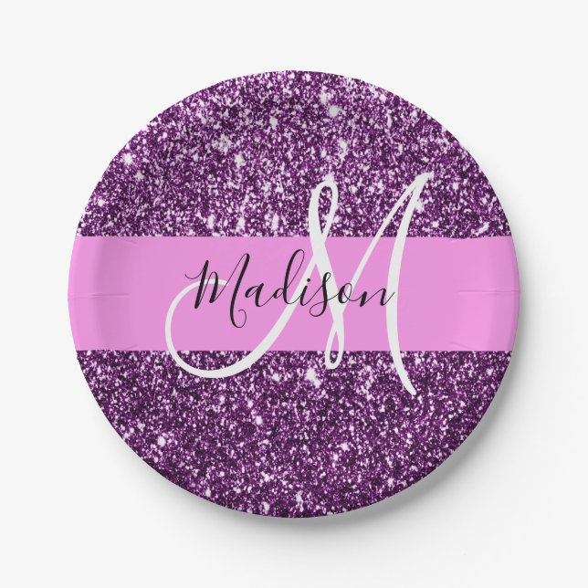 Glam Pink & Purple Glitter Sparkles Monogram Name Paper Plates (Front)
