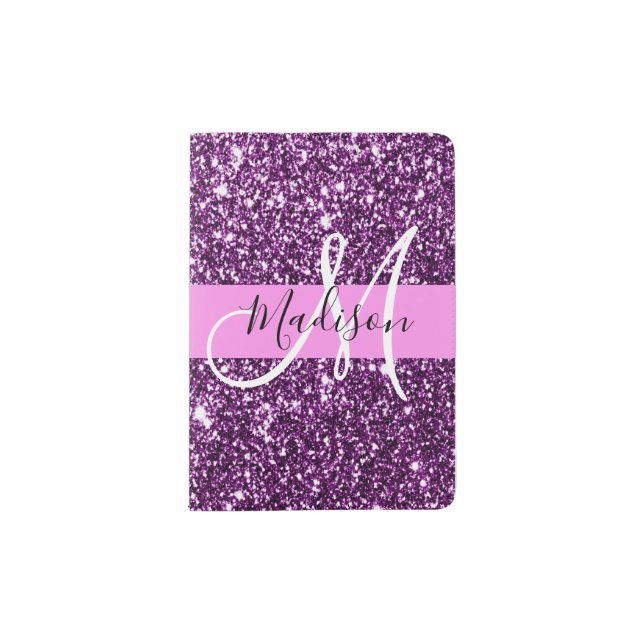 Glam Pink & Purple Glitter Sparkles Monogram Name Passport Holder (Front)