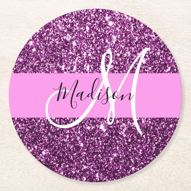 Glam Pink & Purple Glitter Sparkles Monogram Name Round Paper Coaster (Front)