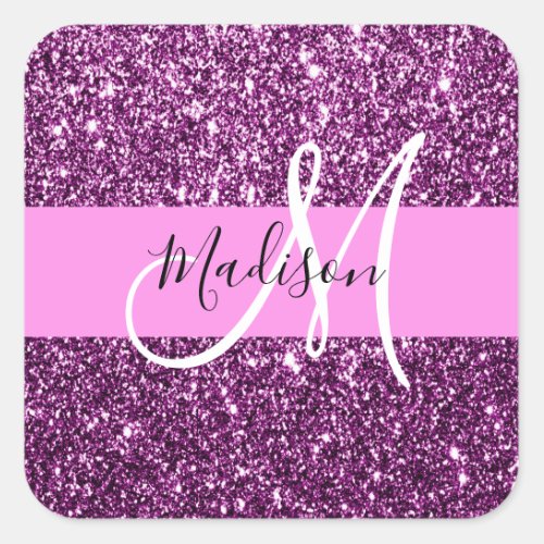Glam Pink  Purple Glitter Sparkles Monogram Name Square Sticker