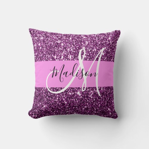 Glam Pink  Purple Glitter Sparkles Monogram Name Throw Pillow