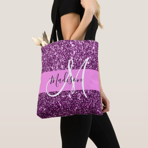 Glam Pink  Purple Glitter Sparkles Monogram Name Tote Bag