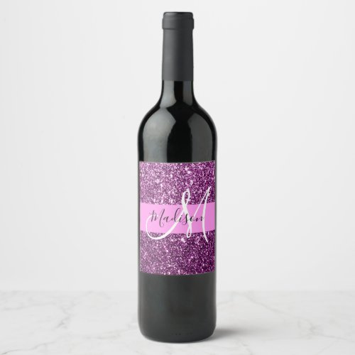Glam Pink  Purple Glitter Sparkles Monogram Name Wine Label