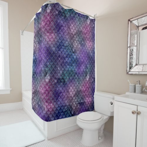 Glam Pink Purple Green Faux Glitter Mermaid Scales Shower Curtain