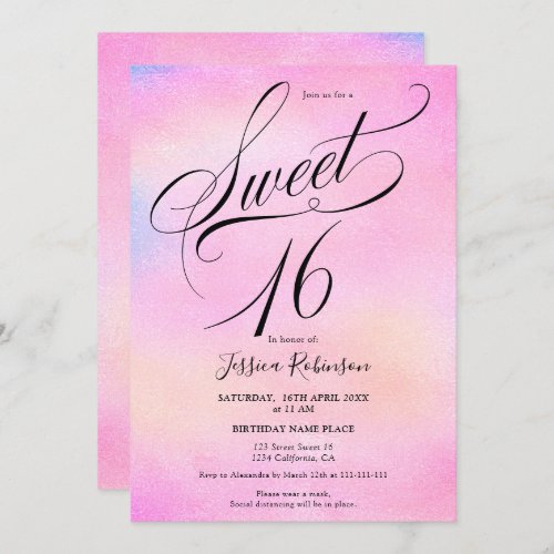 Glam pink rainbow holographic script chic Sweet 16 Invitation